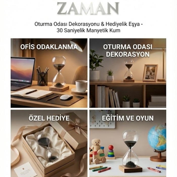 ® Yeni Ürün Manyetik Kum Saati Mıknatıslı Ahşap Standlı Dekoratif Masaüstü Hediyelik Süs Eşyası (14 cm)